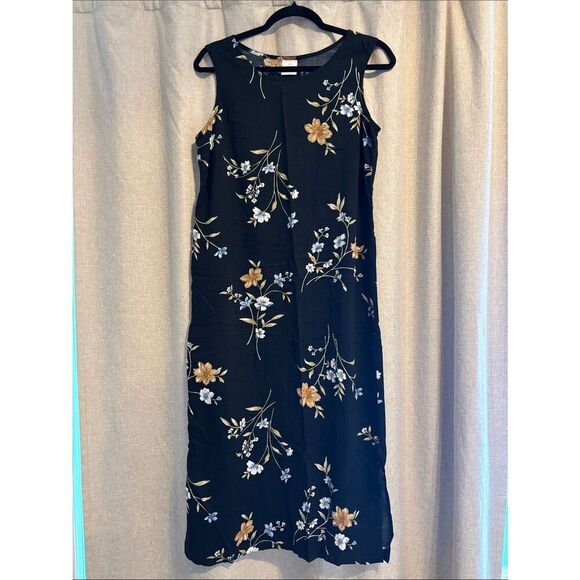 Dresses & Skirts - 🎀Vintage🎀 1990s Sleeveless Black Floral Maxi Dress Cream & Blue Flowers Size Med